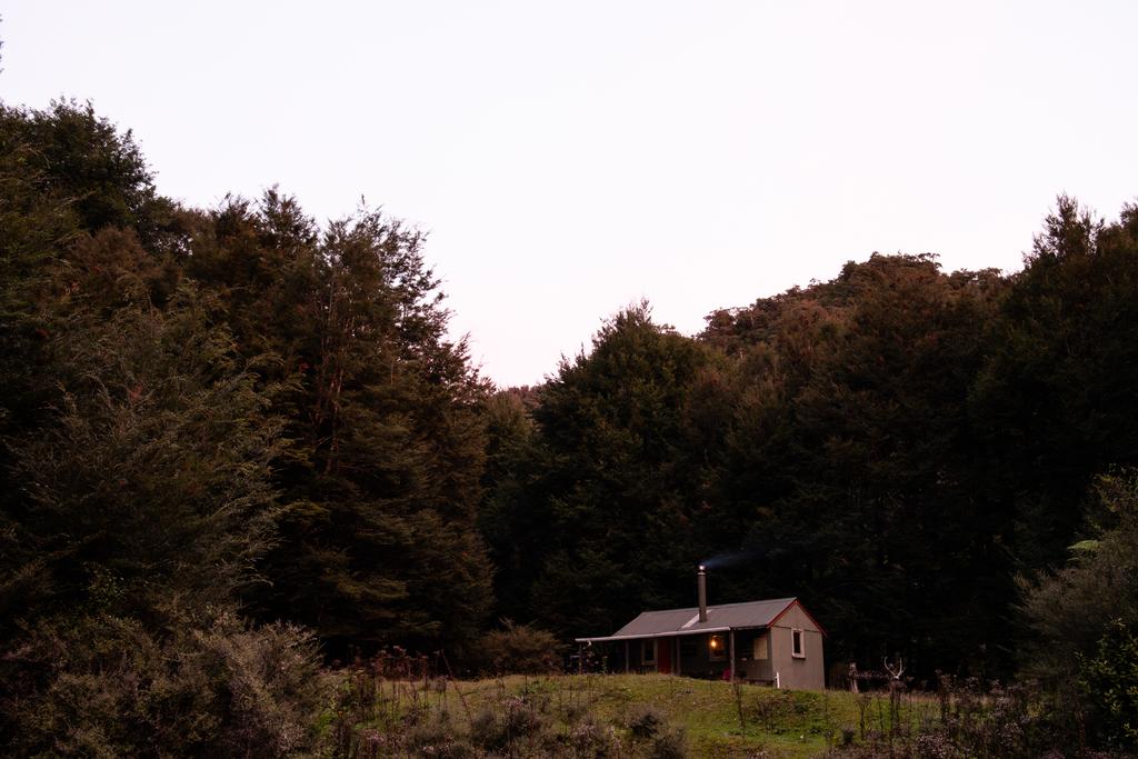 Mangakahika Hut in the golden hour at dusk.