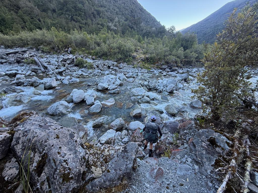 Jen crossing Hura Creek just downstream of Mid Taipo Hut. We saw two whio here last trip!