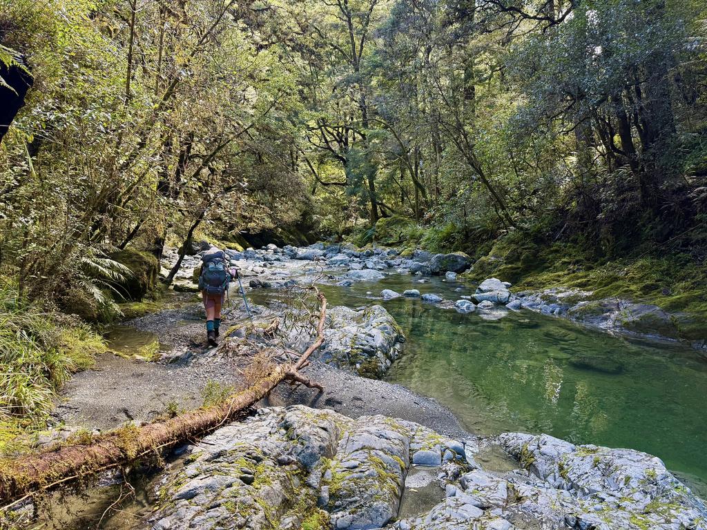The beginning of river travel and rock hopping along Hacket Creek.