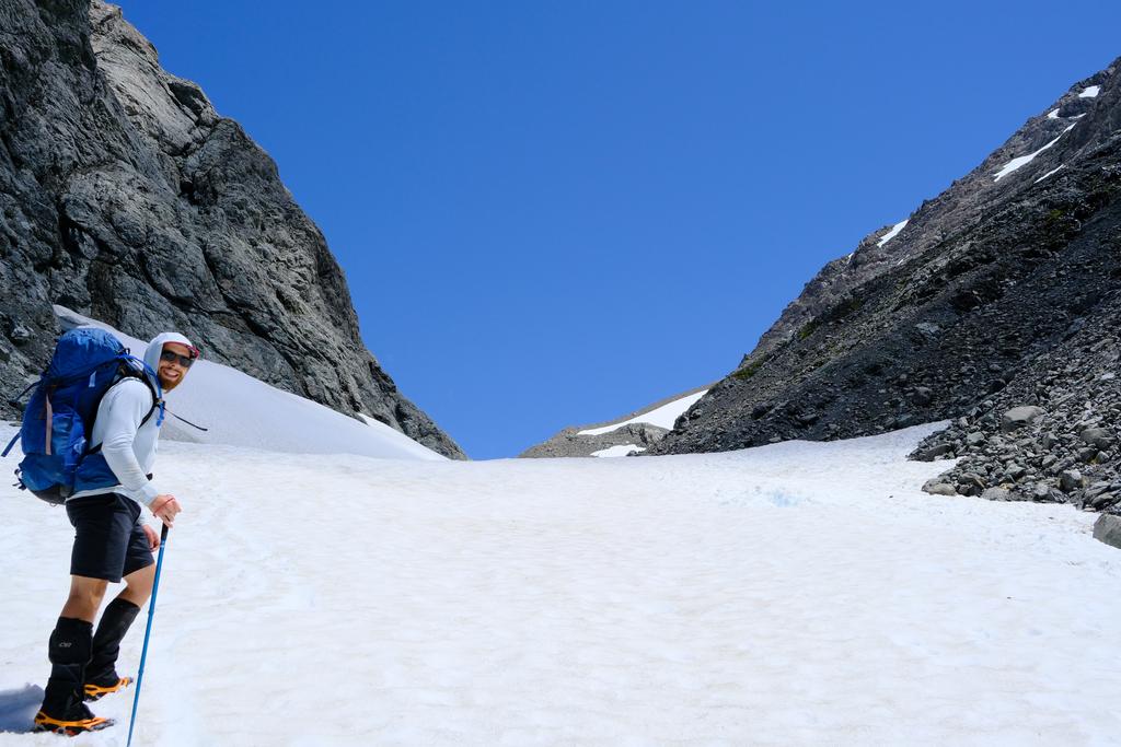 Having a great time on the snow field with our loaned microspikes. Much lighter than our proper crampons!