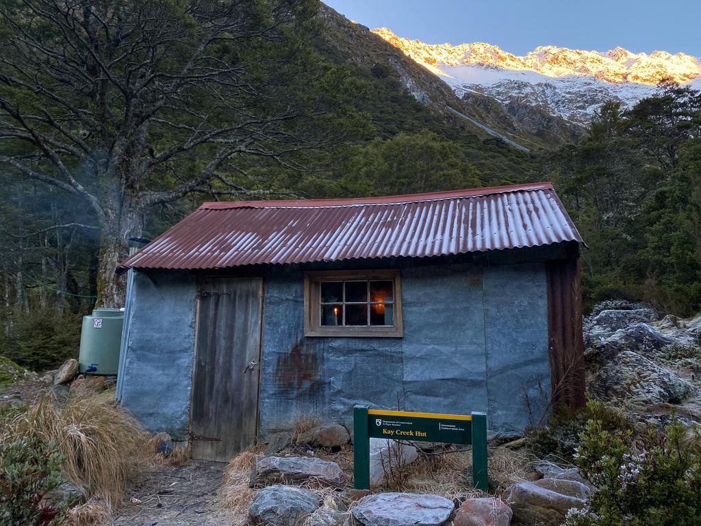 A very cold Kay Creek Hut. At least the first warmed the left side of the roof!