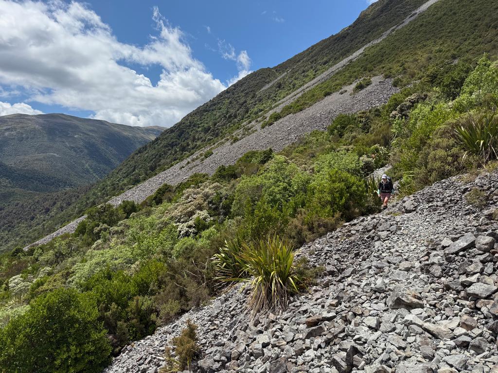 Jen crossing some large screen with the Kelly Range and Hunt Saddle in the background.