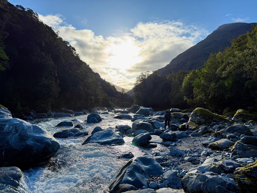 Trundling down the Kokatahi, not far from the hut now.