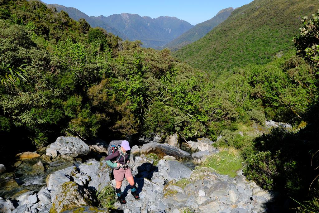 Starting to get warm now that the sun has reached the valley! The track has dissolved into river travel.