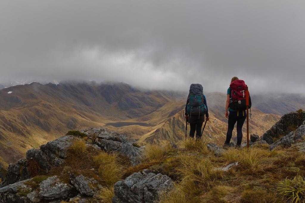 Mum and Katherine looking down at Lake Morgan from Mt O'Shanessy.
