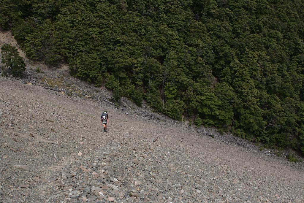 Amy and Steven climbing the first of two scree slopes. Hard work!